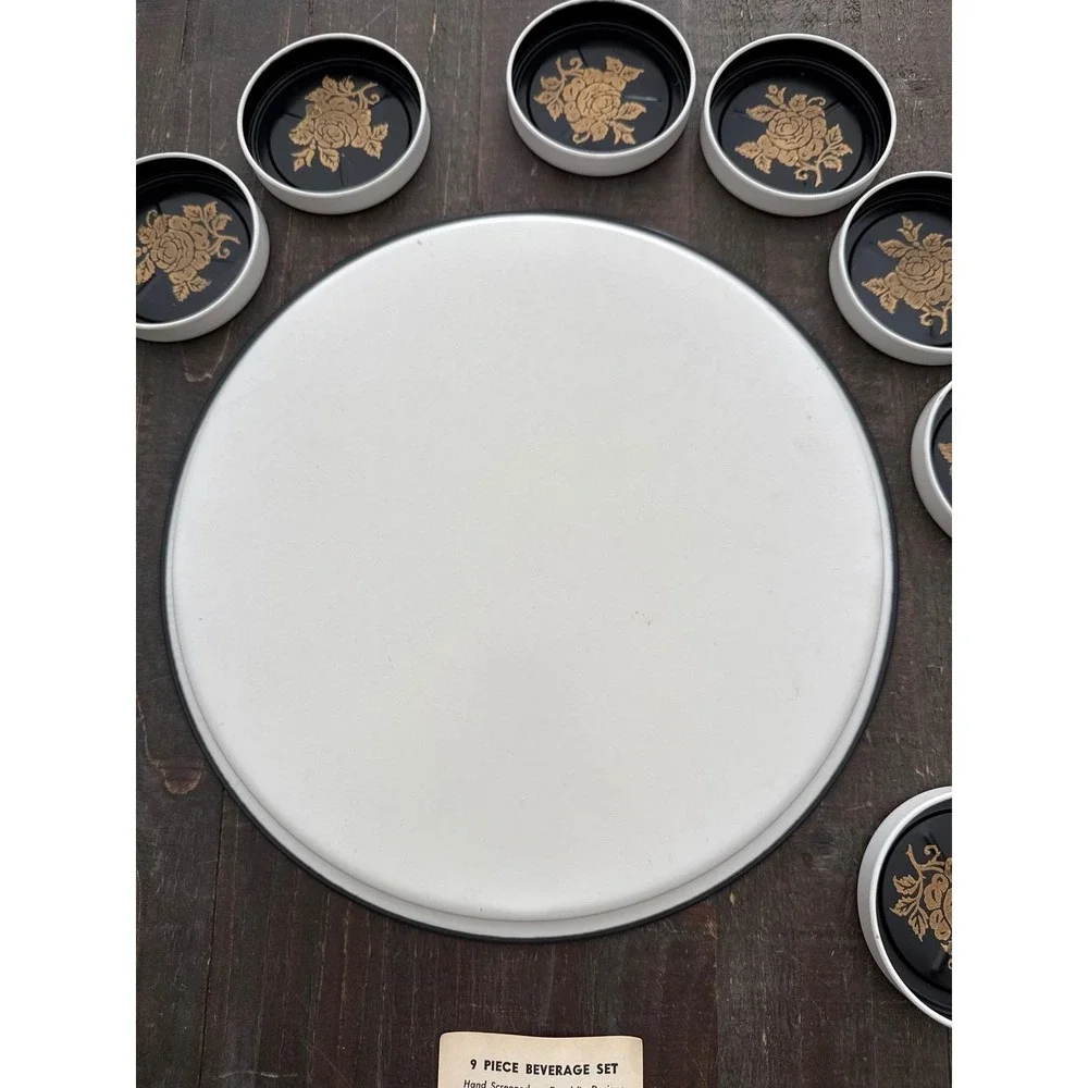 Vintage Toleware 9 Piece MCM Beverage Set Tray & Coasters Black and Gold Rose US